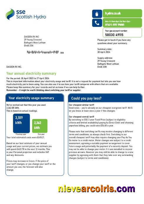 United Kingdom SSE Energy business utility bill, version 2